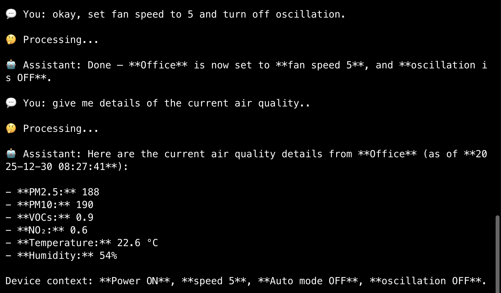 Natural language chat interface for controlling Dyson air purifier